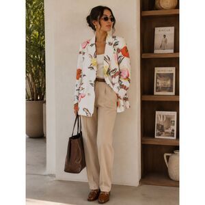 SHEIN Tropical Citrus Fruit Print Blazer White Longline Blazer Jacket Large